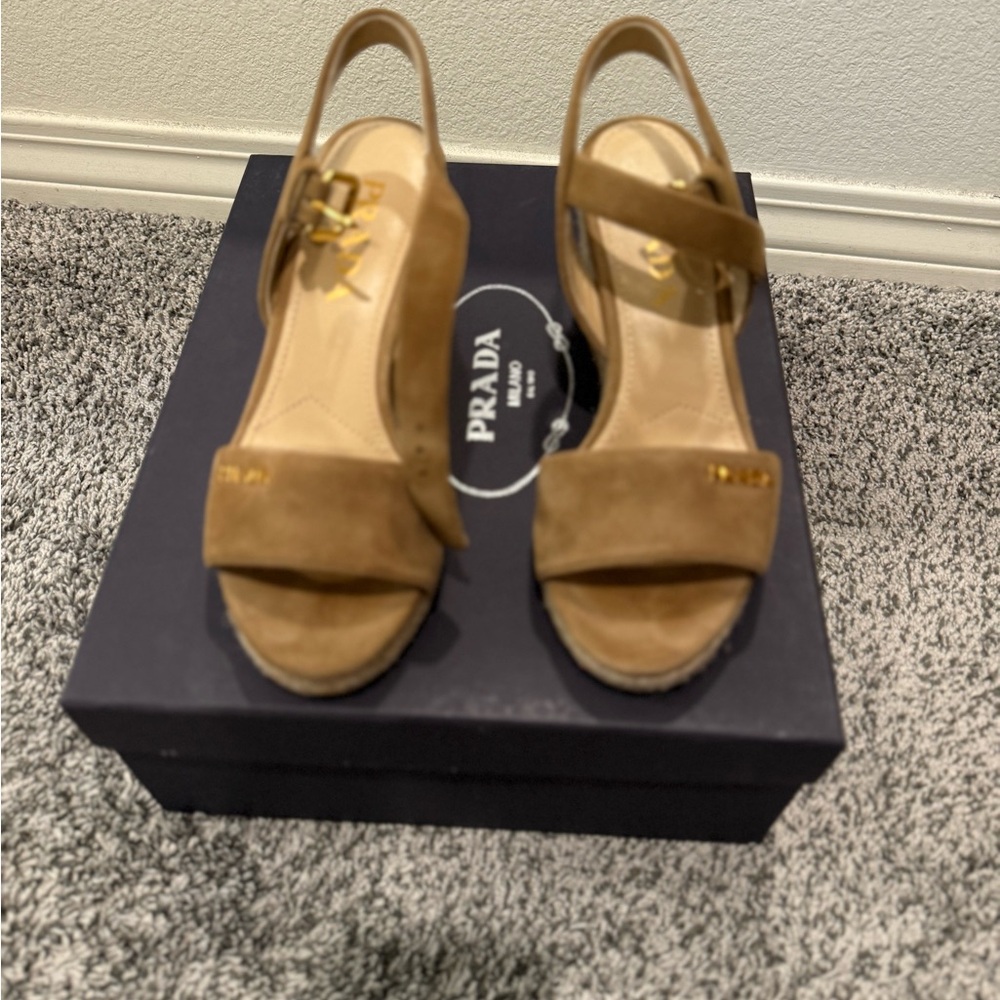 Prada Tan Suede Wedge Sandals - Picture 2 of 5